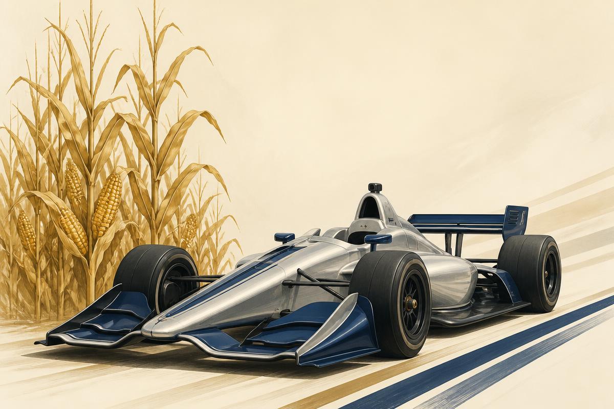 An Indy race car alongside tall Indiana corn stalks